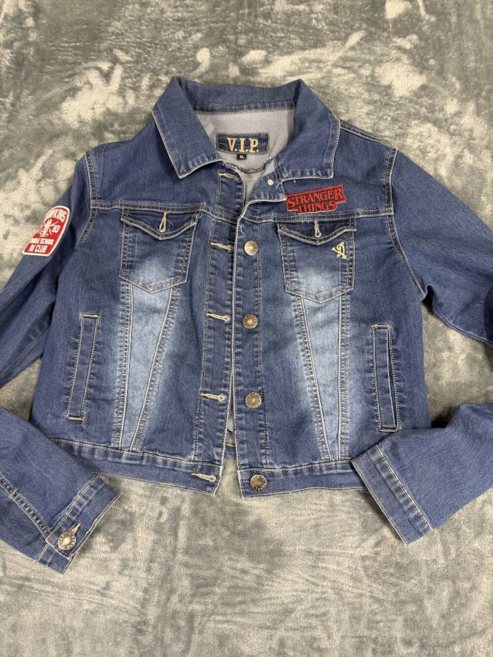 VIP Jeans Girls Blue Denim Stranger Things Hawkins AV Club Patch Jacket XL
